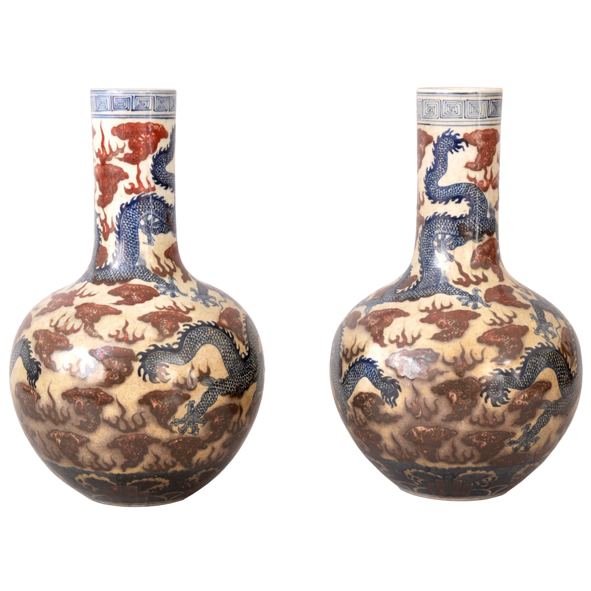 Pair of Large Antique Chinese Qing Dynasty Porcelain Blue & White Dragon Vases, circa 1880