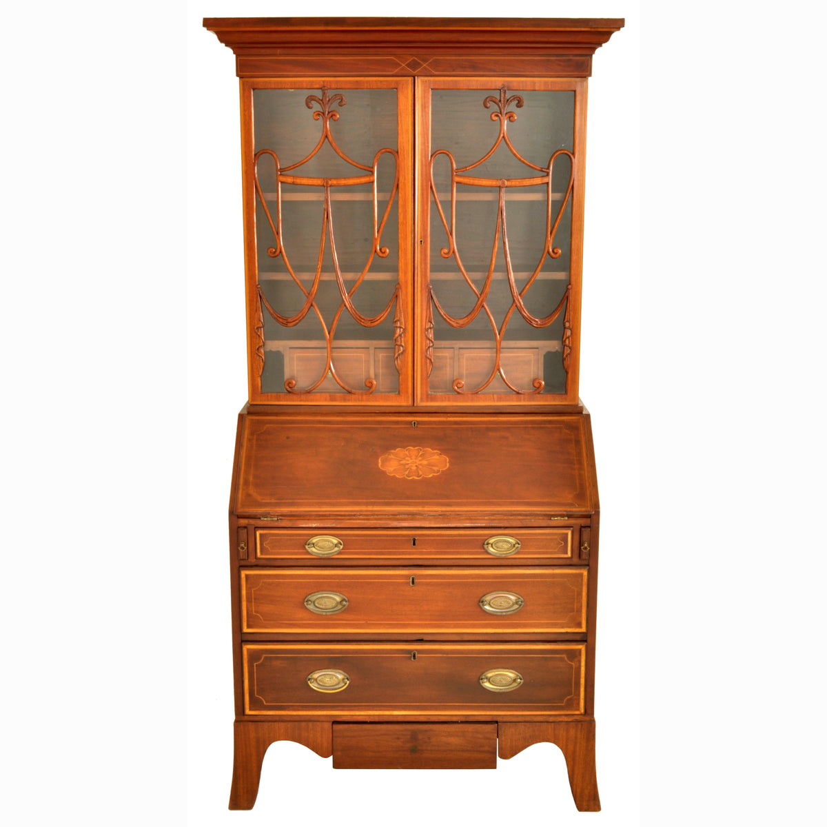 Antique Georgian Sheraton Neo-Classical Inlaid Mahogany Secretary Bookcase, circa 1795