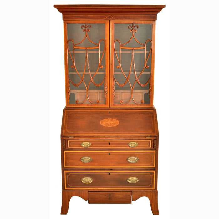Antique Georgian Sheraton Neo-Classical Inlaid Mahogany Secretary Bookcase, circa 1795