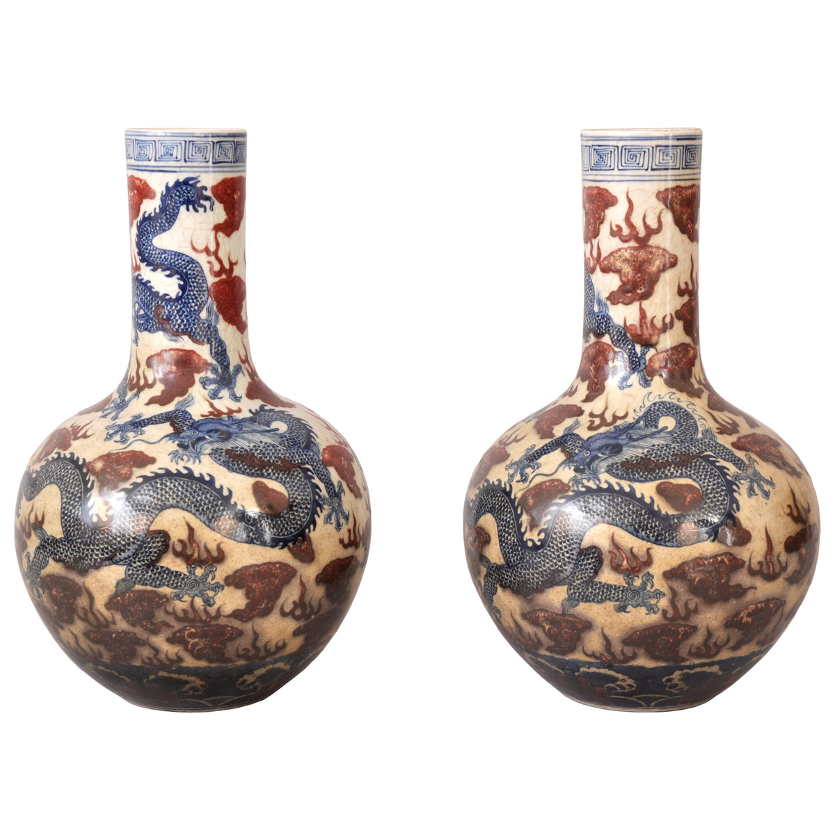 Pair of Large Antique Chinese Qing Dynasty Porcelain Blue & White Dragon Vases, circa 1880