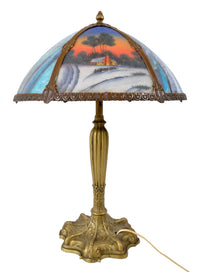 Antique American Art Nouveau Reverse Painted Landscape Table Lamp, circa 1910