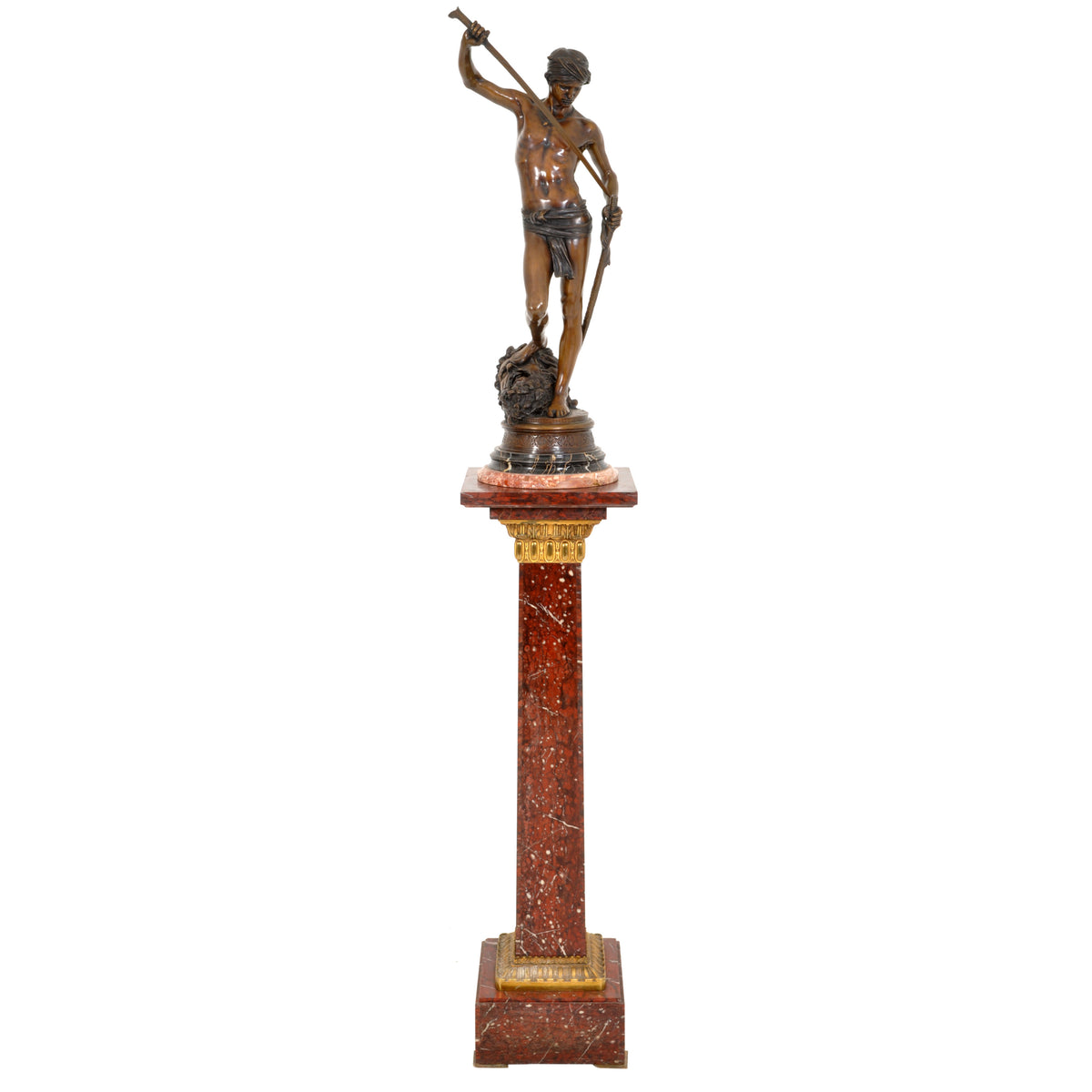 "David Apres le Combat" Antique French Bronze Statue & Marble Column by Antonin Mercie (1845-1916), circa 1880