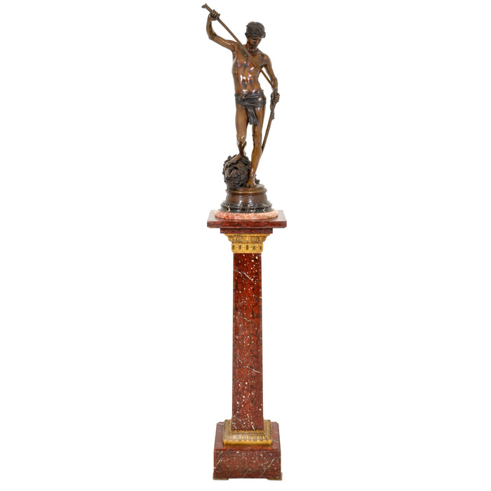 "David Apres le Combat" Antique French Bronze Statue & Marble Column by Antonin Mercie (1845-1916), circa 1880