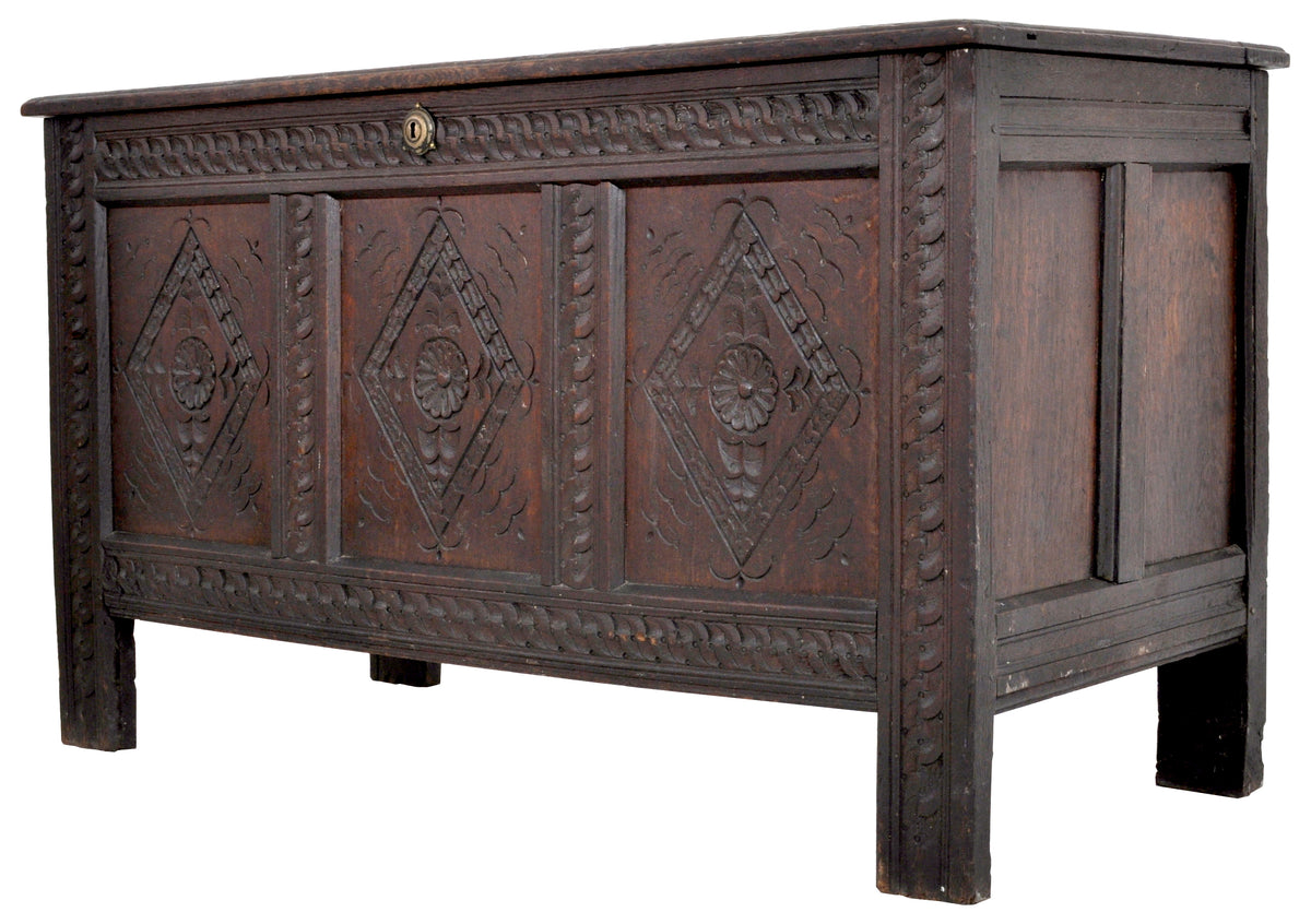 Antique Charles II Carved Oak Coffer / Chest / Blanket Chest, Circa 1680