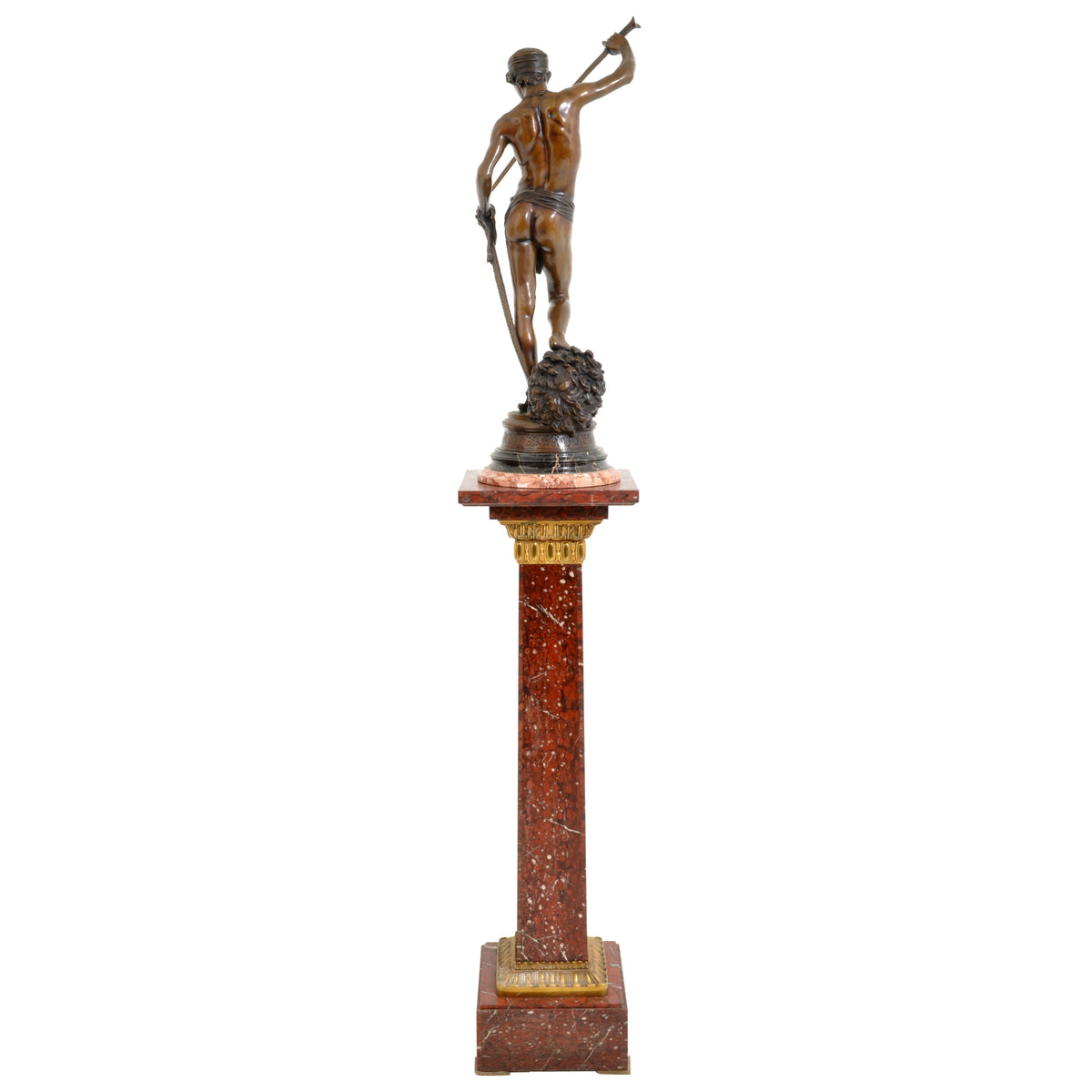 "David Apres le Combat" Antique French Bronze Statue & Marble Column by Antonin Mercie (1845-1916), circa 1880