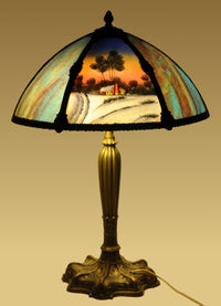 Antique American Art Nouveau Reverse Painted Landscape Table Lamp, circa 1910