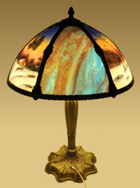 Antique American Art Nouveau Reverse Painted Landscape Table Lamp, circa 1910