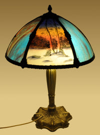 Antique American Art Nouveau Reverse Painted Landscape Table Lamp, circa 1910