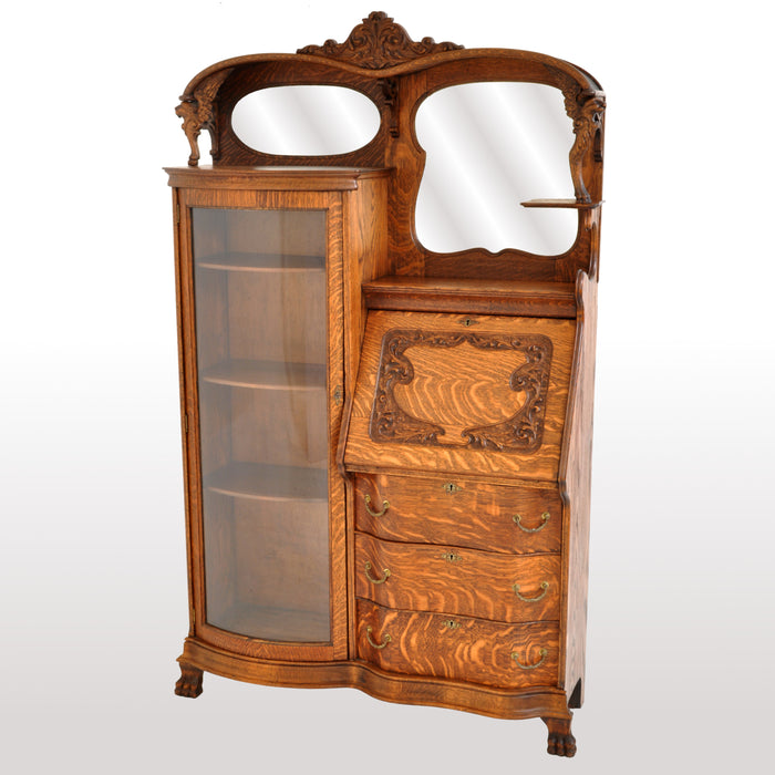 Antique American R J Horner Quarter Sawn Oak Carved Griffin Desk / China Hutch, circa 1890