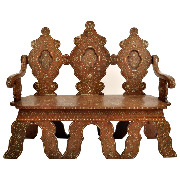 Antique Middle Eastern Syrian Islamic Moorish Inlaid Walnut Bench / Settee, circa 1880