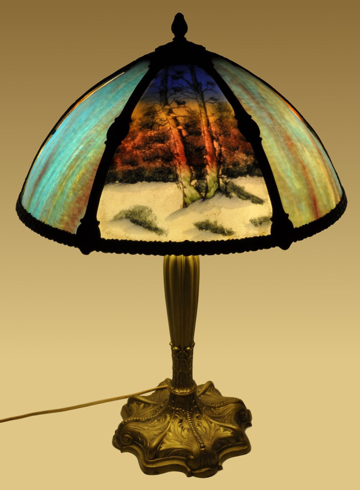 Antique American Art Nouveau Reverse Painted Landscape Table Lamp, circa 1910