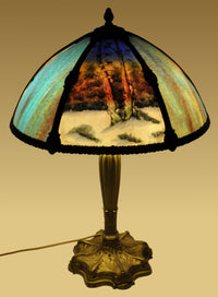 Antique American Art Nouveau Reverse Painted Landscape Table Lamp, circa 1910