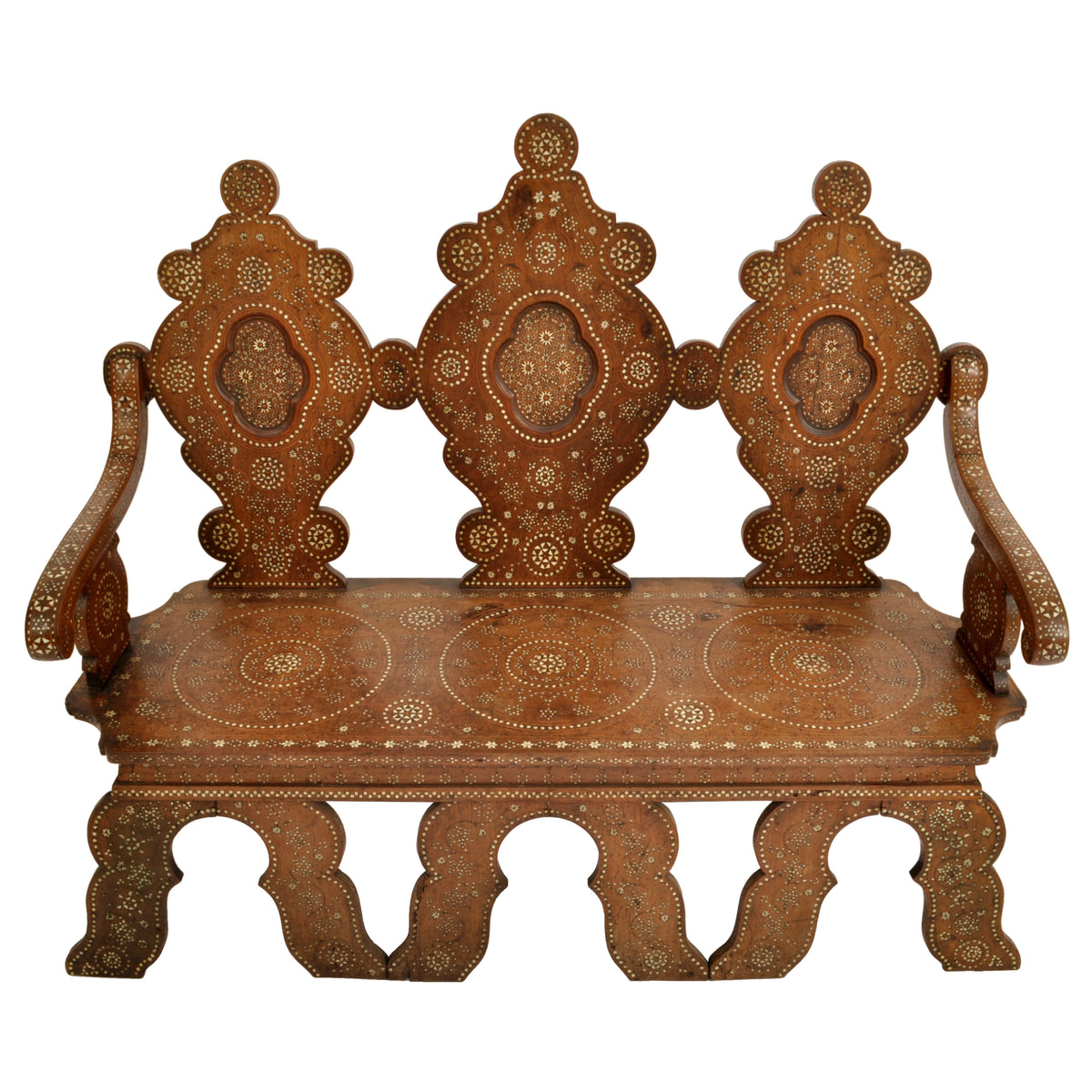 Antique Middle Eastern Syrian Islamic Moorish Inlaid Walnut Bench / Settee, circa 1880