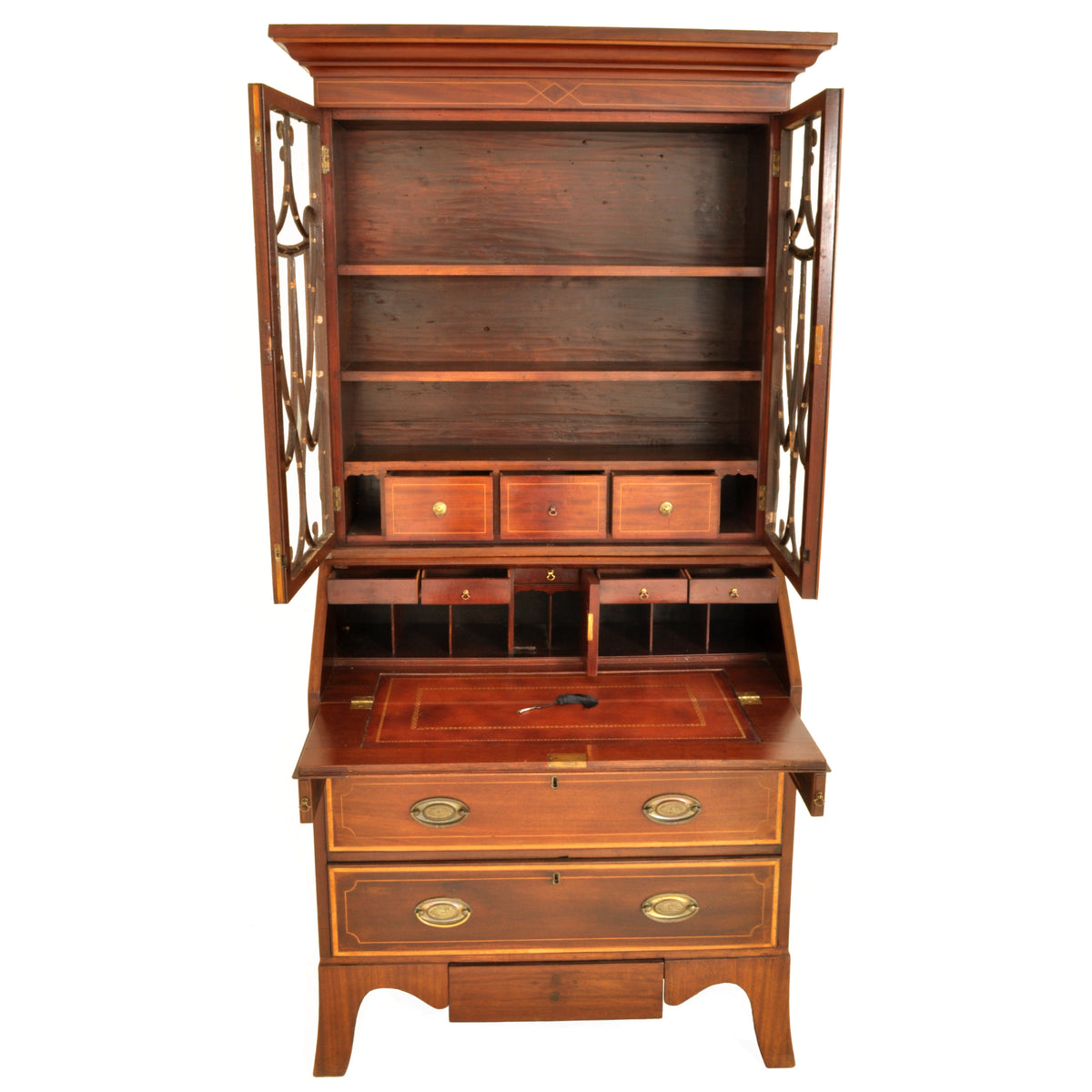 Antique Georgian Sheraton Neo-Classical Inlaid Mahogany Secretary Bookcase, circa 1795