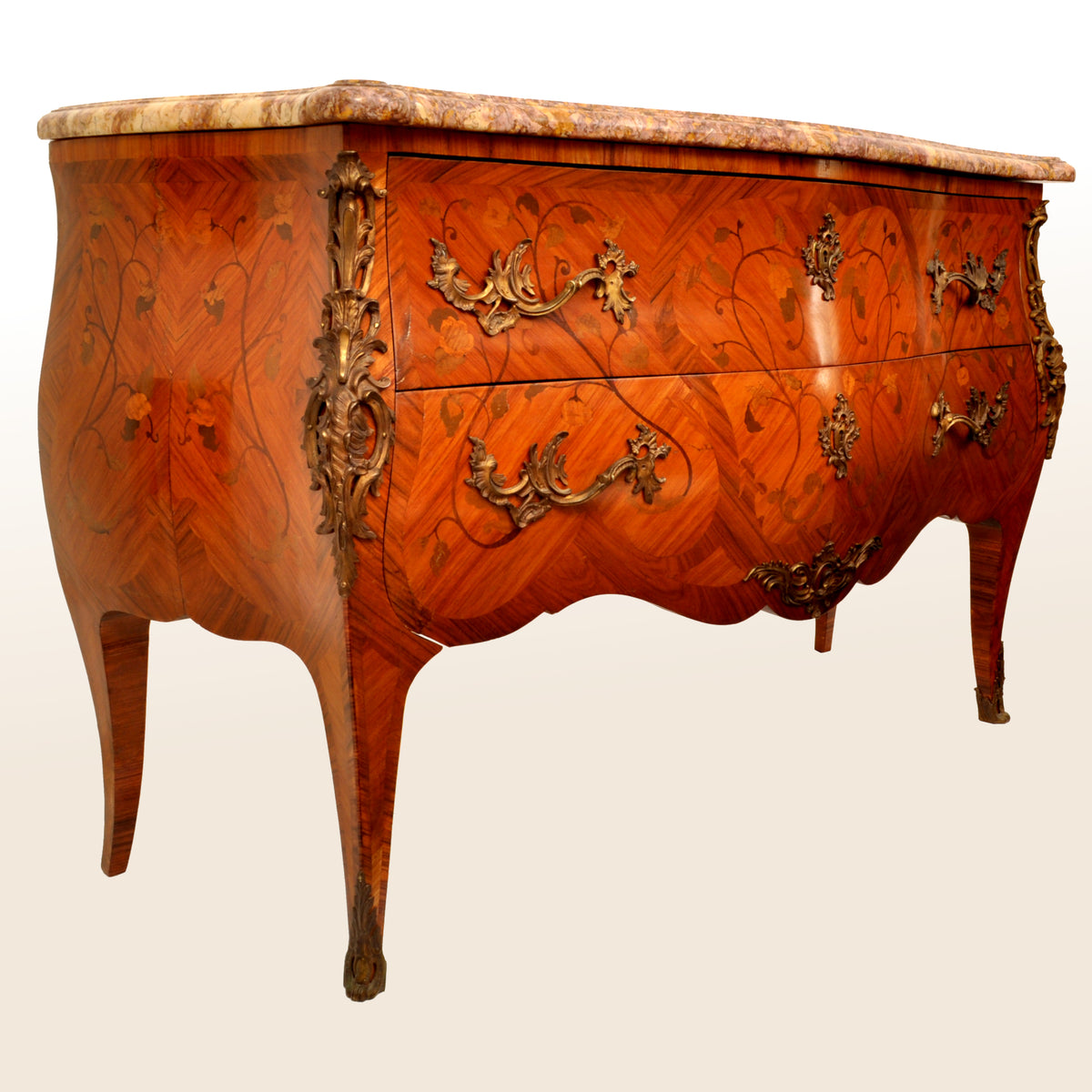 Antique 19th Century French Louis XV Inlaid Marquetry Bombe Commode / Chest, circa 1880