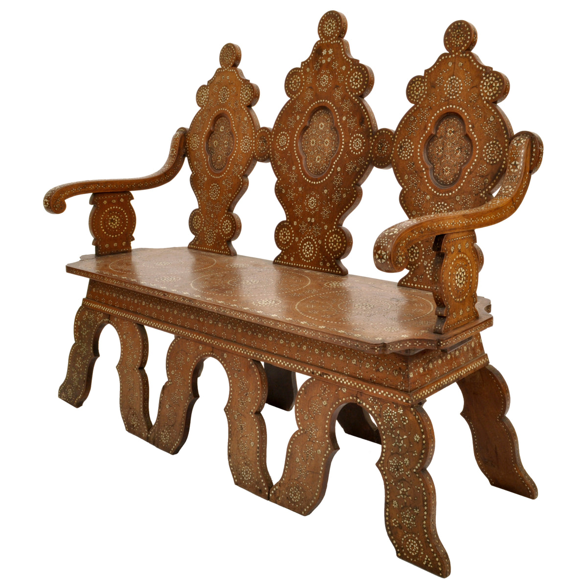Antique Middle Eastern Syrian Islamic Moorish Inlaid Walnut Bench / Settee, circa 1880