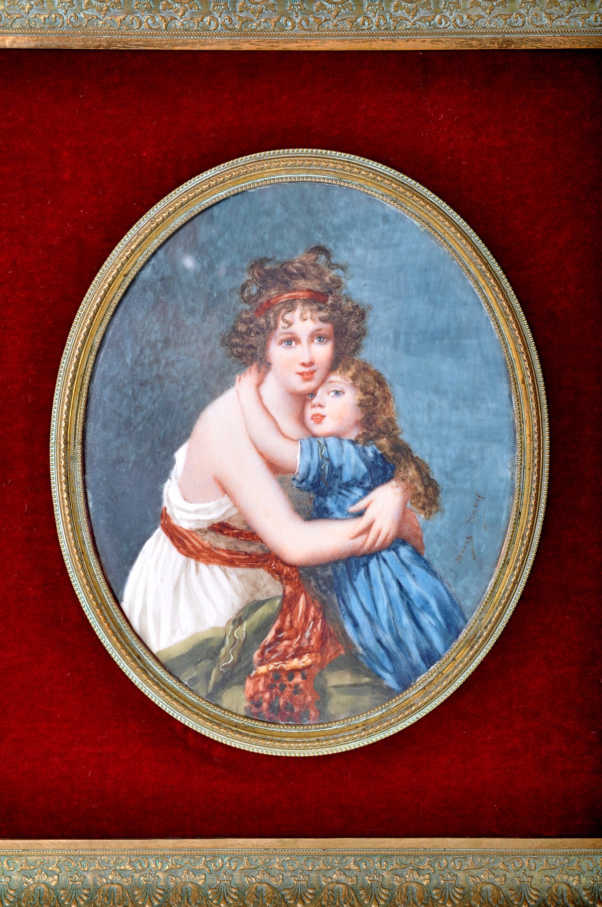 Antique French Portrait Miniature Oil Painting of Vigee Lebrun Mother & Daughter by Jenny Savy 1860