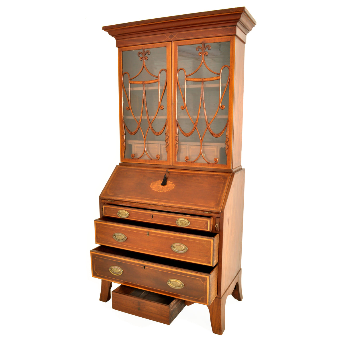 Antique Georgian Sheraton Neo-Classical Inlaid Mahogany Secretary Bookcase, circa 1795