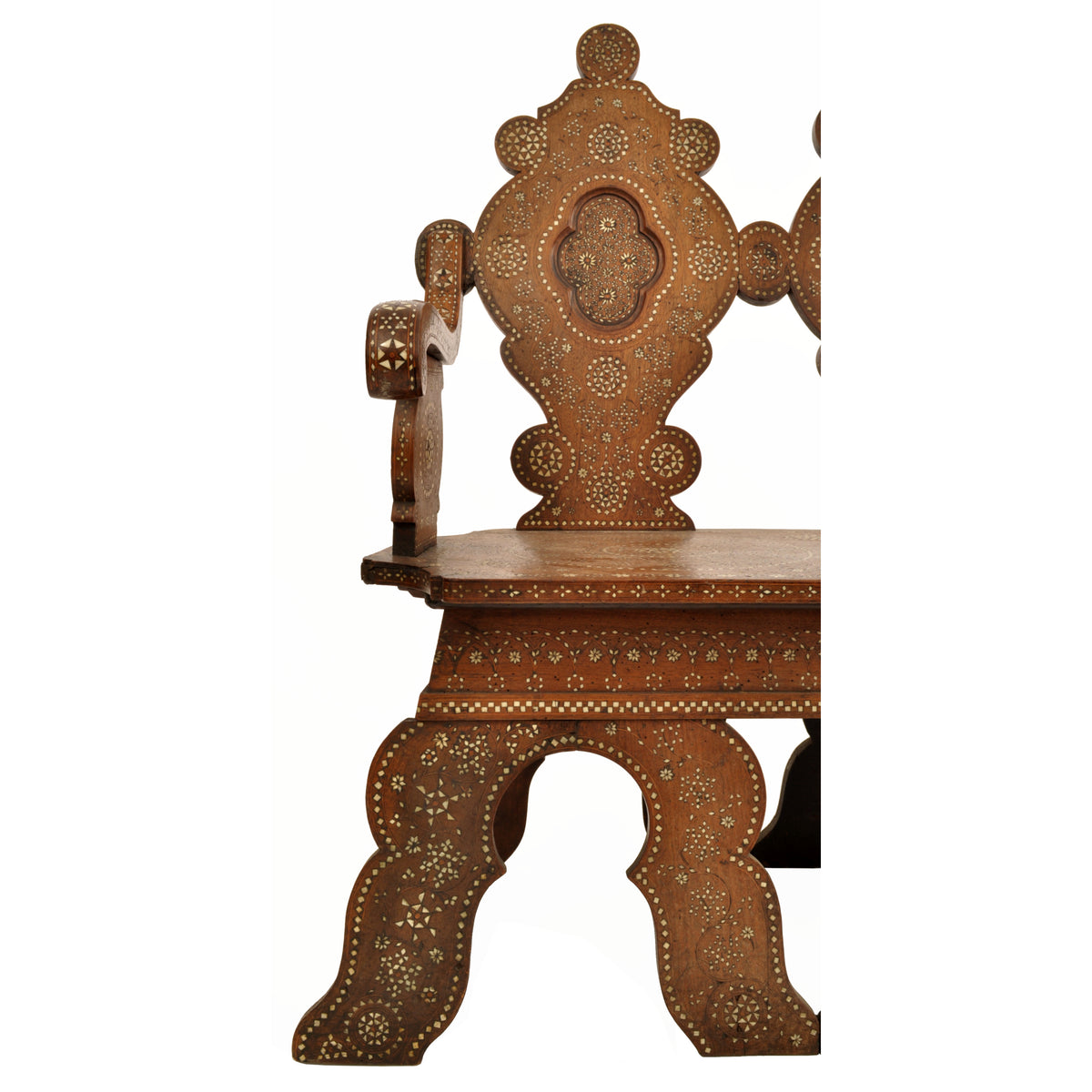 Antique Middle Eastern Syrian Islamic Moorish Inlaid Walnut Bench / Settee, circa 1880