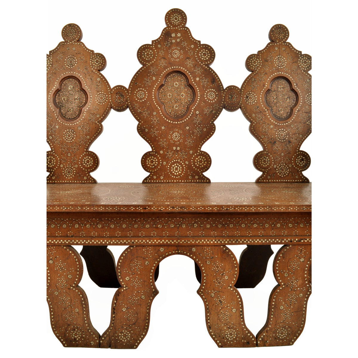Antique Middle Eastern Syrian Islamic Moorish Inlaid Walnut Bench / Settee, circa 1880
