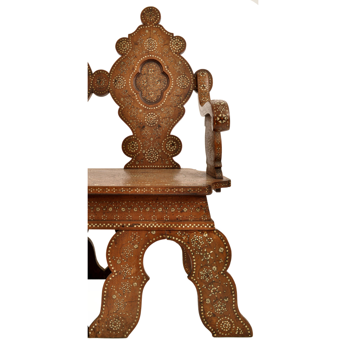 Antique Middle Eastern Syrian Islamic Moorish Inlaid Walnut Bench / Settee, circa 1880