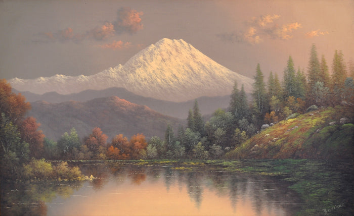 "Golden Sunset on Mount Rainier, Washington," Antique Oil on Canvas by the Oregon Artist Eliza Barchus (1857-1959), Circa 1900