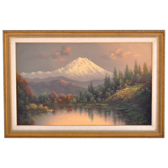 "Golden Sunset on Mount Rainier, Washington," Antique Oil on Canvas by the Oregon Artist Eliza Barchus (1857-1959), Circa 1900