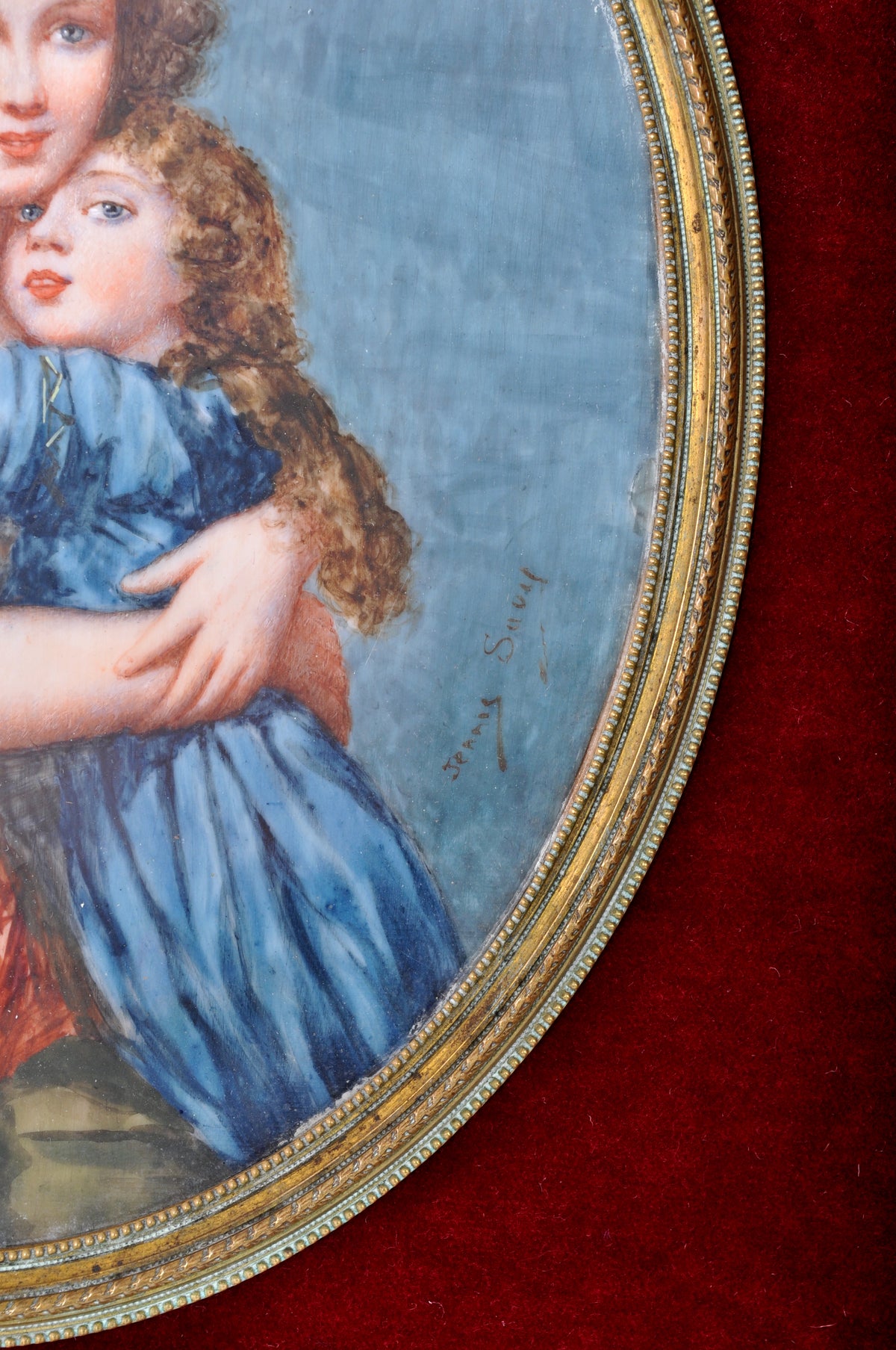 Antique French Portrait Miniature Oil Painting of Vigee Lebrun Mother & Daughter by Jenny Savy 1860