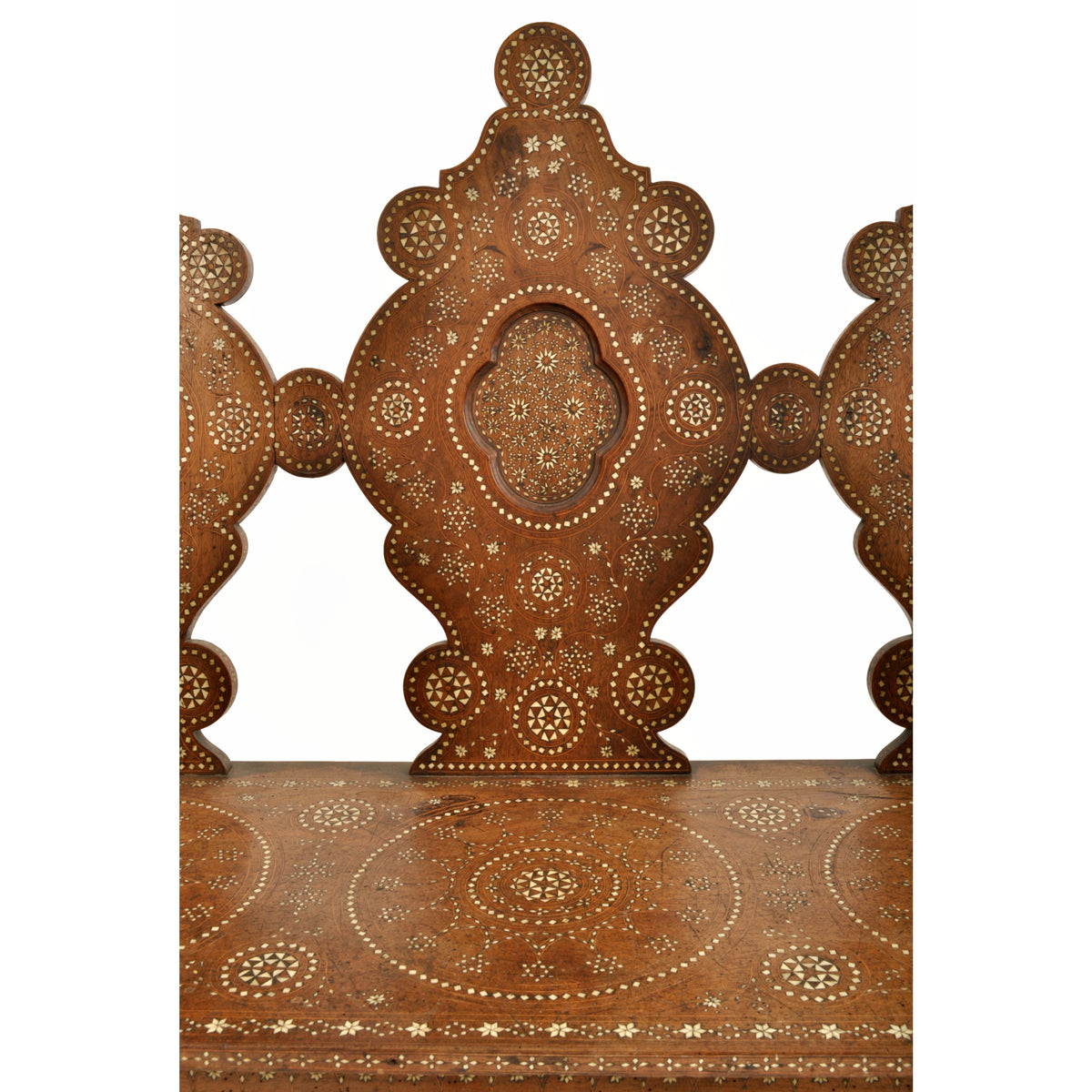 Antique Middle Eastern Syrian Islamic Moorish Inlaid Walnut Bench / Settee, circa 1880