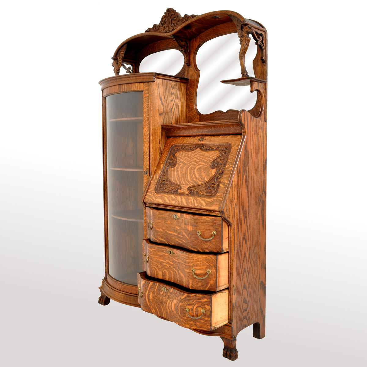 Antique American R J Horner Quarter Sawn Oak Carved Griffin Desk / China Hutch, circa 1890