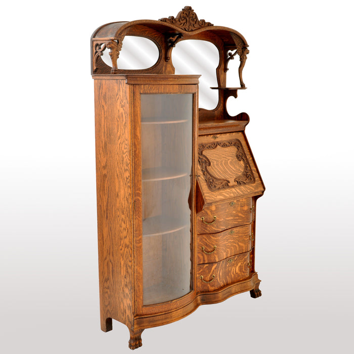 Antique American R J Horner Quarter Sawn Oak Carved Griffin Desk / China Hutch, circa 1890