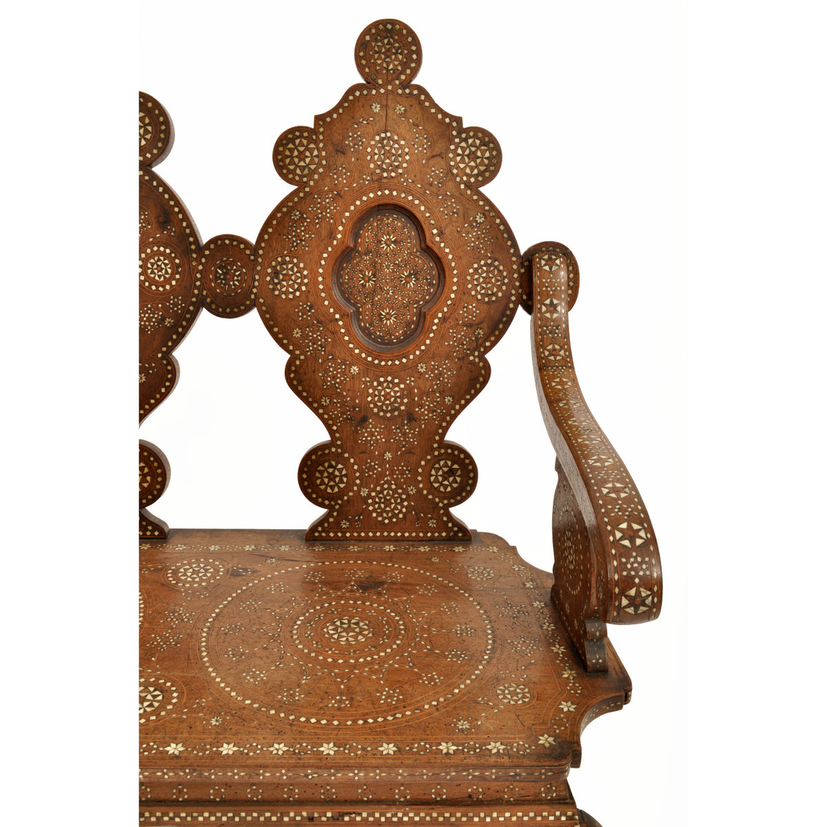Antique Middle Eastern Syrian Islamic Moorish Inlaid Walnut Bench / Settee, circa 1880