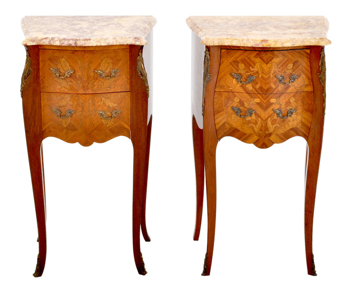 Pair of Antique French Louis XV Marble-Top and Marquetry Walnut Night Stands, Circa 1890