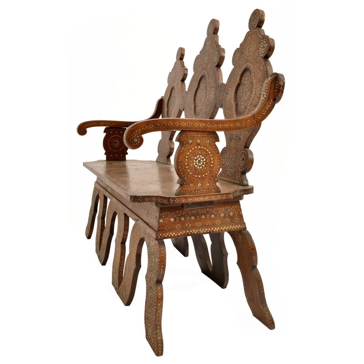Antique Middle Eastern Syrian Islamic Moorish Inlaid Walnut Bench / Settee, circa 1880