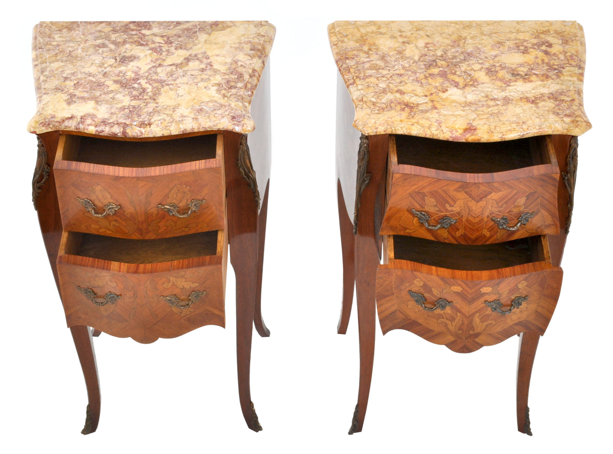 Pair of Antique French Louis XV Marble-Top and Marquetry Walnut Night Stands, Circa 1890