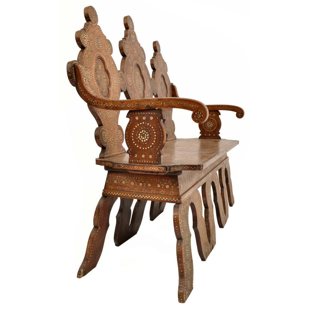 Antique Middle Eastern Syrian Islamic Moorish Inlaid Walnut Bench / Settee, circa 1880
