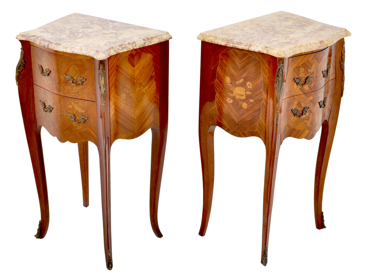Pair of Antique French Louis XV Marble-Top and Marquetry Walnut Night Stands, Circa 1890