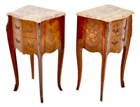 Pair of Antique French Louis XV Marble-Top and Marquetry Walnut Night Stands, Circa 1890