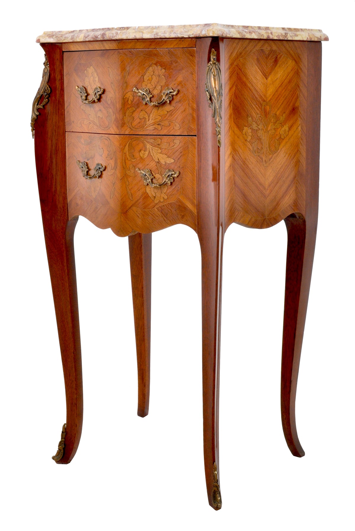 Pair of Antique French Louis XV Marble-Top and Marquetry Walnut Night Stands, Circa 1890