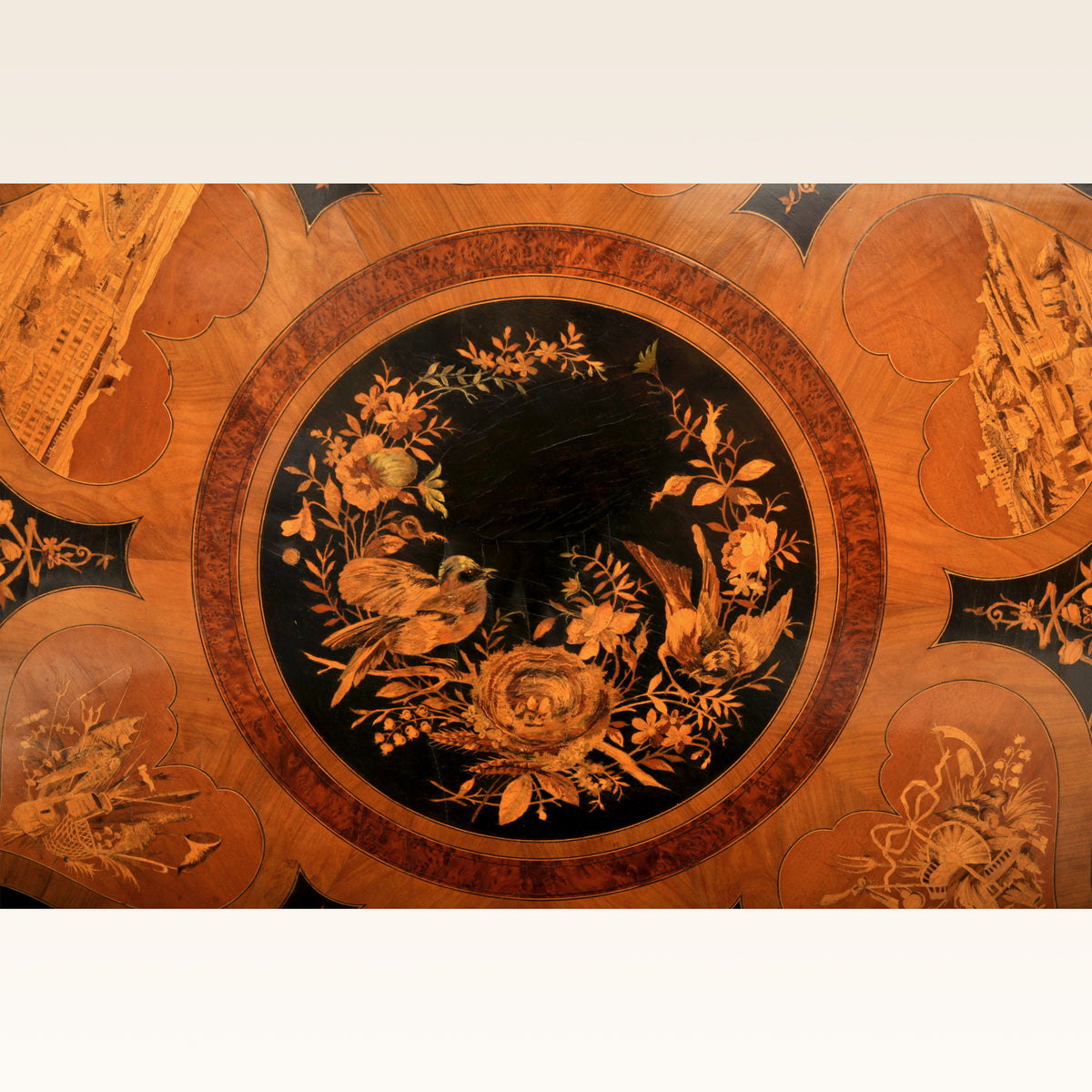 Antique Swiss Black Forest Walnut Tilt-Top Marquetry Carved Pedestal Table, circa 1880