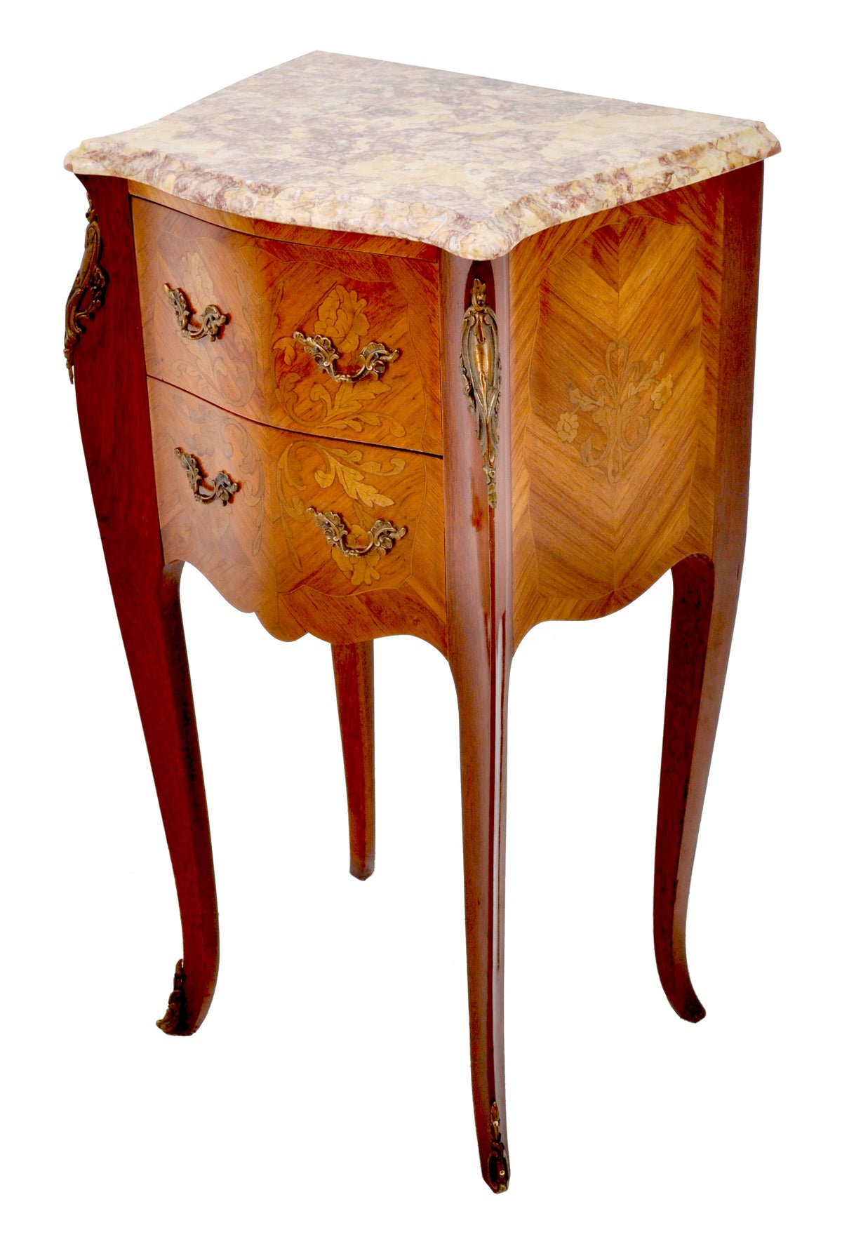 Pair of Antique French Louis XV Marble-Top and Marquetry Walnut Night Stands, Circa 1890