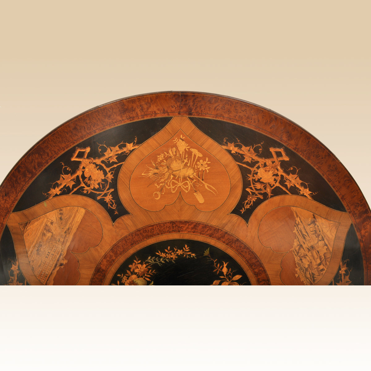 Antique Swiss Black Forest Walnut Tilt-Top Marquetry Carved Pedestal Table, circa 1880