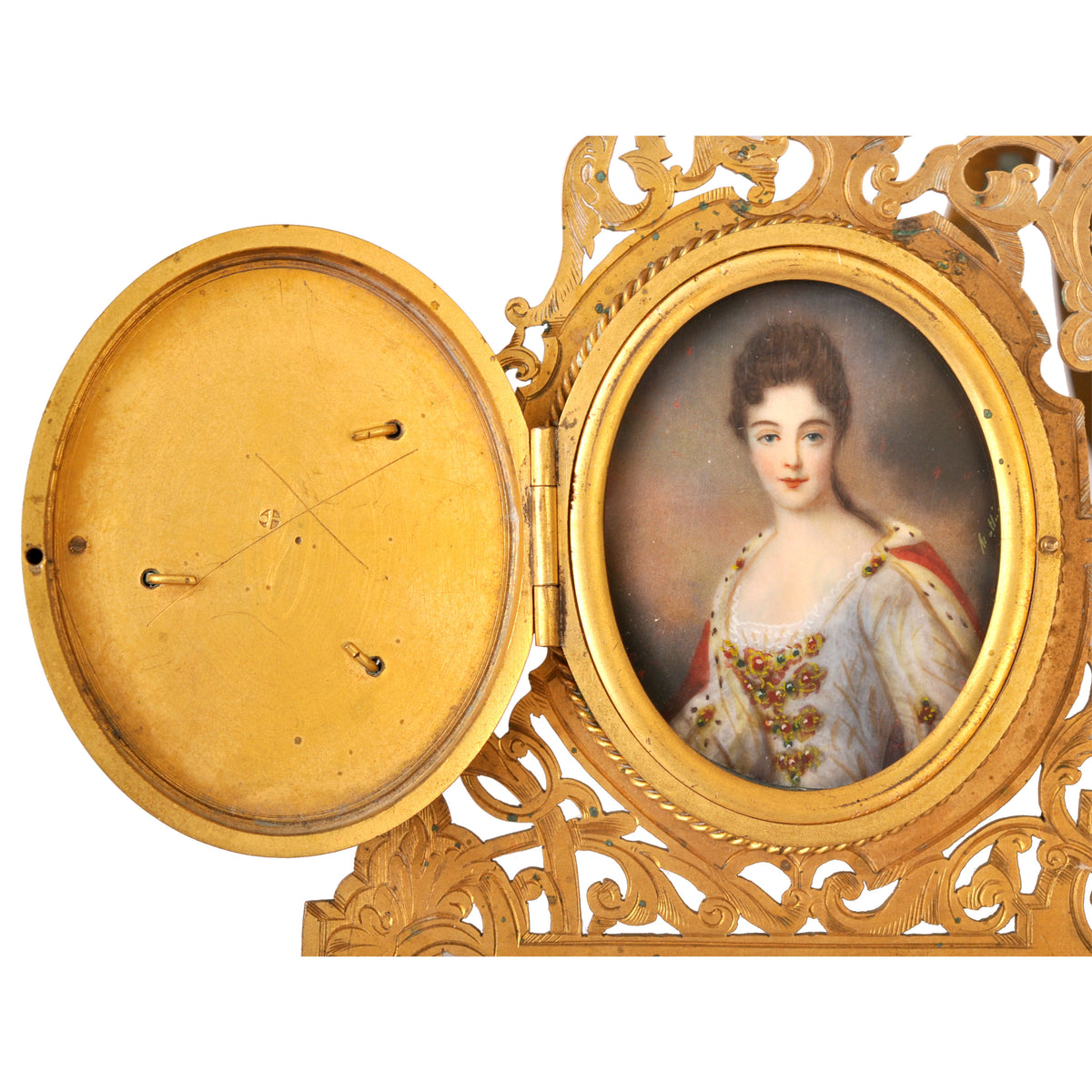 Antique Brass & Pietra Dura Portrait Miniature Painting of George Washington, circa 1880