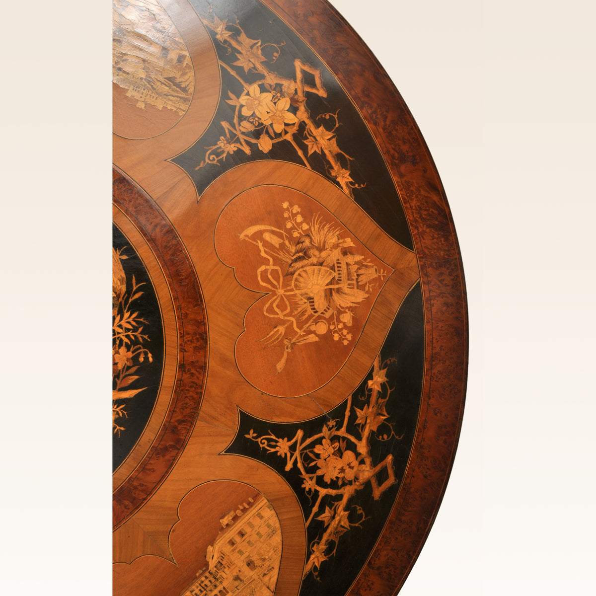 Antique Swiss Black Forest Walnut Tilt-Top Marquetry Carved Pedestal Table, circa 1880