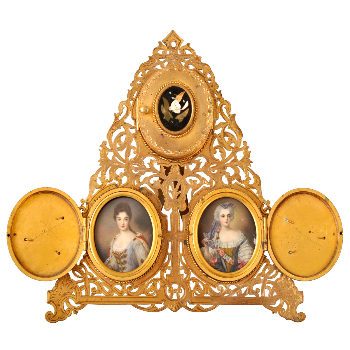 Antique Brass & Pietra Dura Portrait Miniature Painting of George Washington, circa 1880
