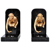 Pair of Antique Art Deco Gilded Bronze & Marble Female Nude Statue Bookends, 1920s