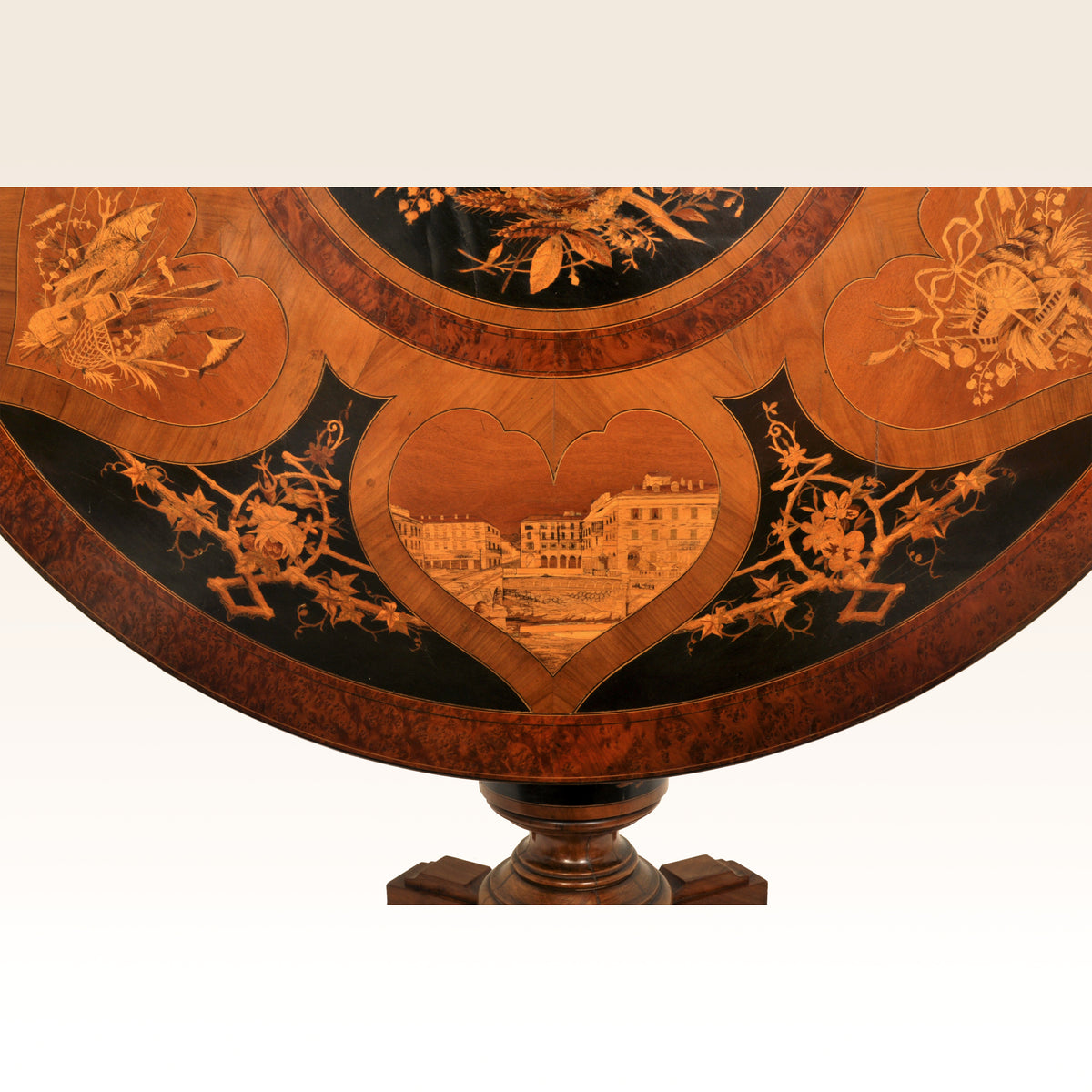 Antique Swiss Black Forest Walnut Tilt-Top Marquetry Carved Pedestal Table, circa 1880