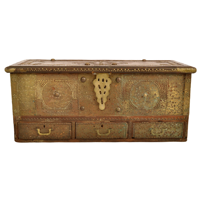 Antique 19th Century Zanzibar Shirazi Brass Stud & Copper Clad Dowry Chest, circa 1850