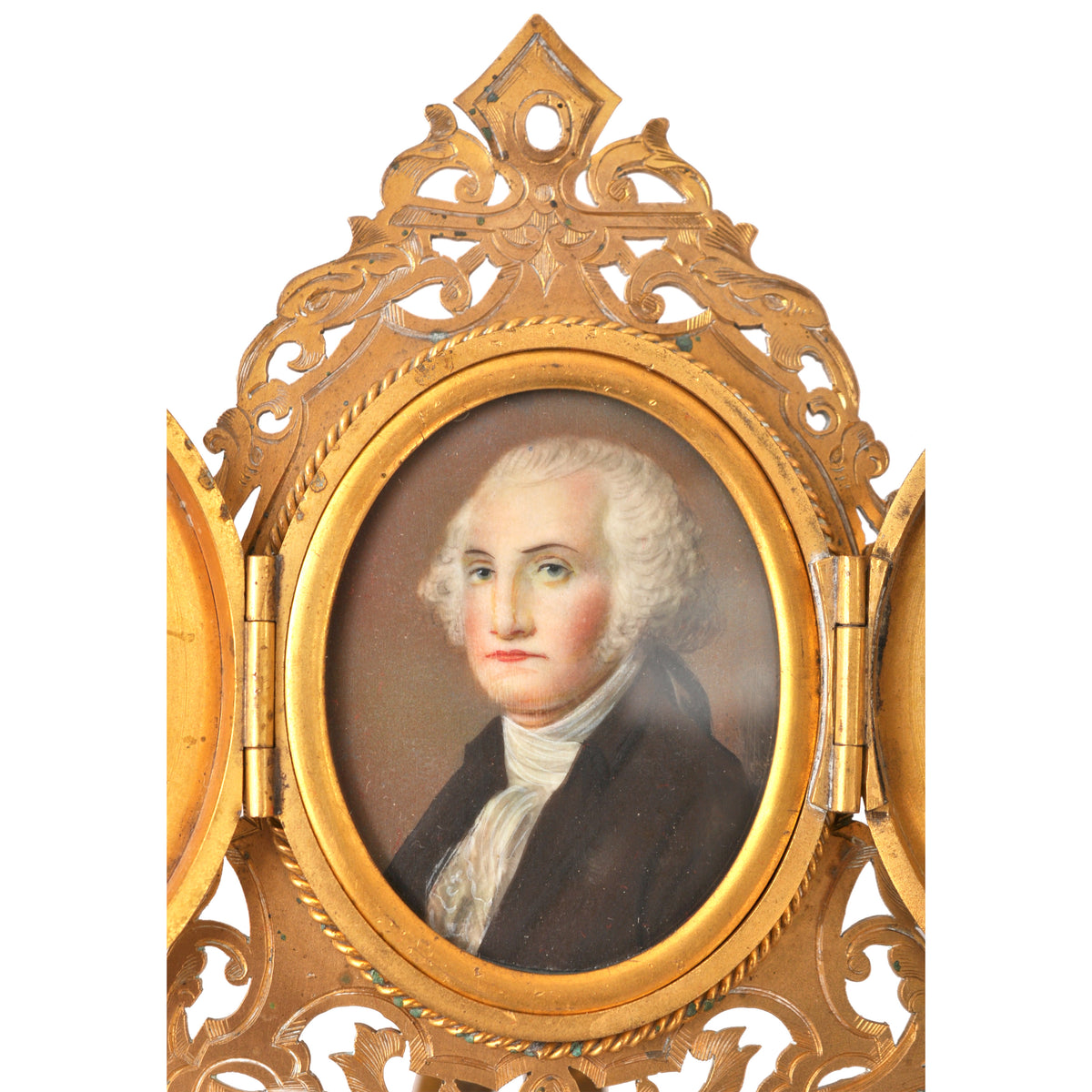 Antique Brass & Pietra Dura Portrait Miniature Painting of George Washington, circa 1880