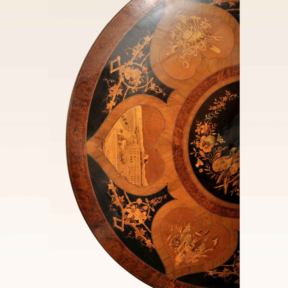 Antique Swiss Black Forest Walnut Tilt-Top Marquetry Carved Pedestal Table, circa 1880